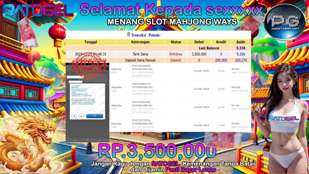 BUKTI JACKPOT SLOT MAHJONG WAYS TERPERCAYA DI INDONESIA TGL 20-07-2025